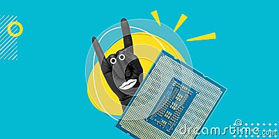 Hand in black rubber glove in gesture of heavy rock, devilish goat and 13th generation processor. Humorous endorsement Stock Photo