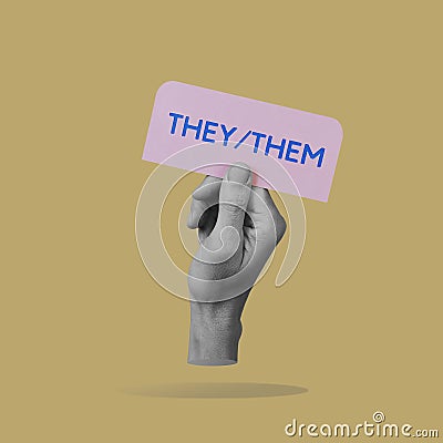 hand holds a sign with the pronouns they, them Stock Photo