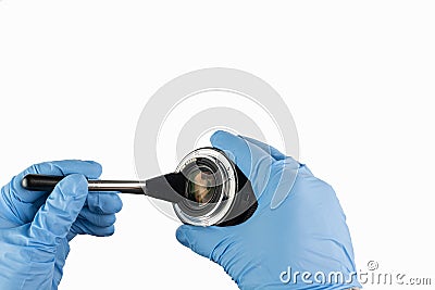 Hand with blue glove cleans a camera lens with a brush Stock Photo