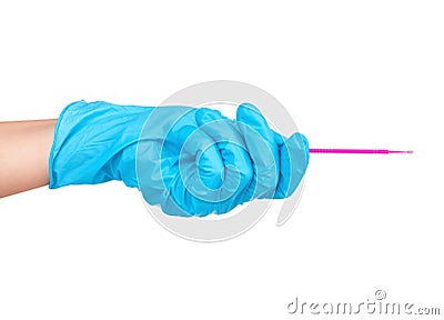 Hand in blue glove holding dental tooth pick Stock Photo