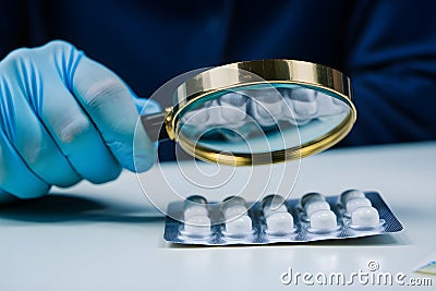 Hand in a blue glove holding a magnifying glass over a blister pack of white tablets Stock Photo