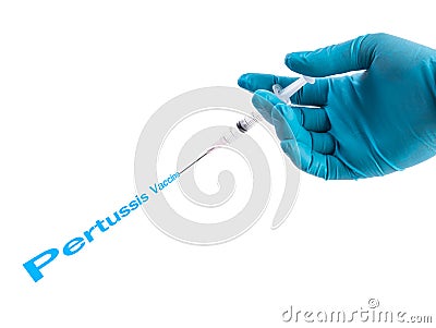 Hand in a blue glove holding syringe with Pertussis vaccine text Stock Photo