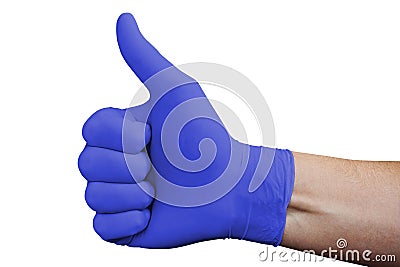 Hand in blue medical glove showing approval thumbs up sign isolated on white background Stock Photo