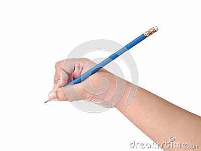 Hand boy writing pencil on isolated white background Stock Photo