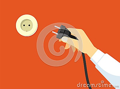Hand brings plug socket illustration. Switching household appliances and electrical communications setting up connection Cartoon Illustration