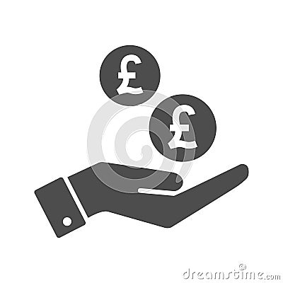 Hand and british pound coins dropping flat icon. Pounds coin and palm icon symbol. Vector Illustration