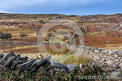 Hand built stone walls in Snowdonia National Park Stock Photo