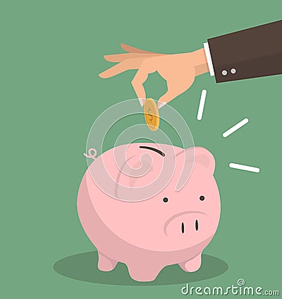 Hand business putting coin a Piggy bank savings concept of growth Vector Illustration