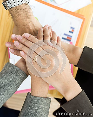 Hand of business team showing unity. Stock Photo