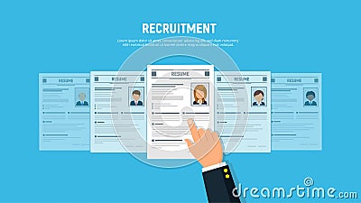 Hand businessman choose resume woman . Personnel resume. Headhunting concept. Recruitment and human resources management Cartoon Illustration