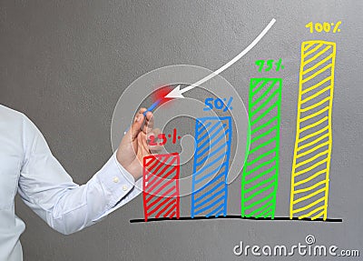Hand of businessman drawing graphics a down point growing graph Stock Photo