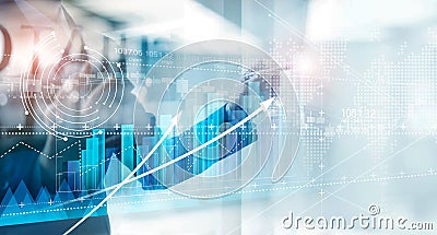 Hand of businessman drawing graphs growth of business, planning and strategy on modern virtual interface screen Stock Photo