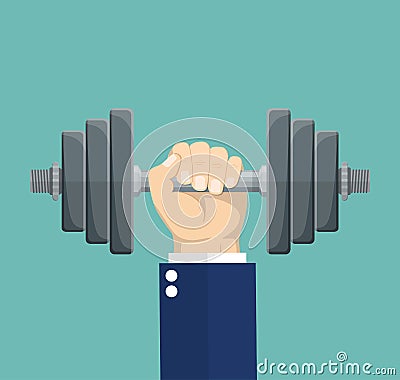 Hand of Businessman holding dumbbell. Vector Illustration