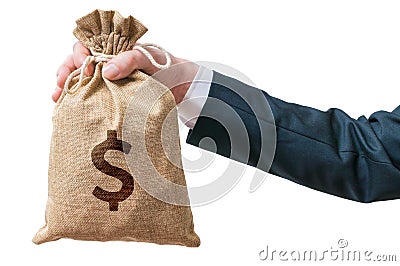 Hand of businessman holds bag full of money. Isolated on white Stock Photo