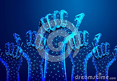 hand of businessman,many hands with thumbs up feedback . Abstract Low Poly. Wireframe design. From connecting dot and line. Vector Vector Illustration