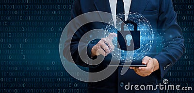 Hand businessman the press lock binary code, cuber security concept.Communication world Stock Photo