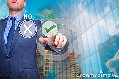 Hand of businessman press Yes button. Concept of decision making Stock Photo