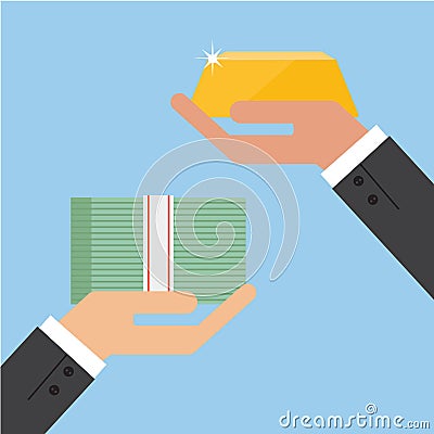 Hand Businessman Show Money and Gold Bar. Concept Business Vector Illustration Flat Style. Vector Illustration