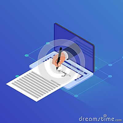 Hand of businessman signing papers from laptop screen Vector Illustration