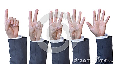 Hand of businessman in suit counts from Zero to Five isolated on transparent background. Stock Photo