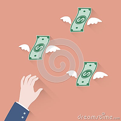 Hand businessman trying to grab Money Flying Away Vector Illustration