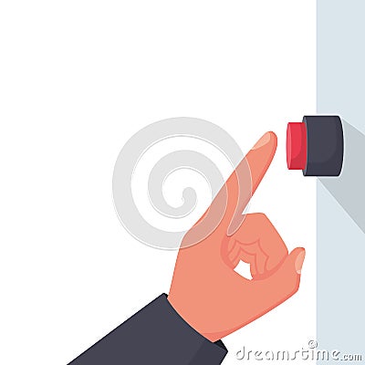 Hand button icon. Hand pressing red button. Vector Illustration