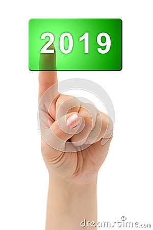 Hand and button 2019 Stock Photo