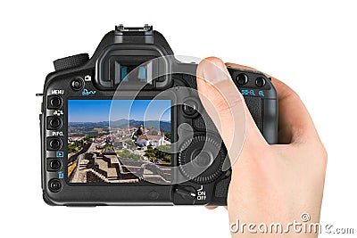 Hand with camera and Fortress in village Marvao - Portugal my p Stock Photo