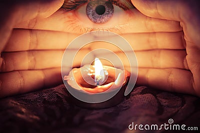 Hand with candlelight burning candle on the darkness background with the eye looking for Astrology Occult Magic illustration - Cartoon Illustration