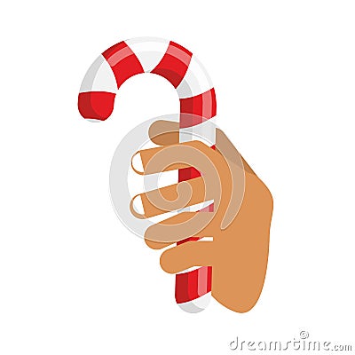 Hand and Candy Cane. Arm holding Christmas peppermint lollipop. Vector Illustration
