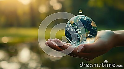 the hand carefully holds the planet on which a drop of water falls, the background is a sunny forest, World Water Day Stock Photo