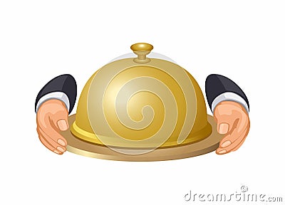 hand carrying food in a golden serving lid cartoon illustration vector Vector Illustration