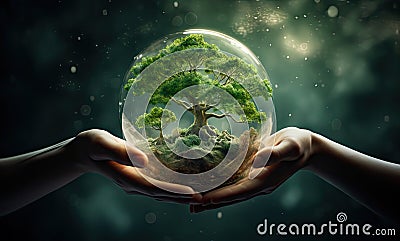 Hand carrying an image of a globe with trees Stock Photo