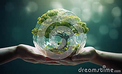 Hand carrying an image of a globe with trees Stock Photo