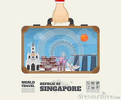 Hand carrying Singapore Landmark Global Travel And Journey Infographic Bag. Vector Flat Design Template.vector/illustration.Can b Vector Illustration