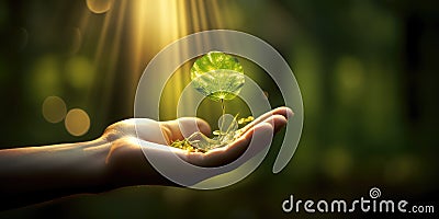 A hand carrying a sprouting plant backlit with morning sunshine Cartoon Illustration