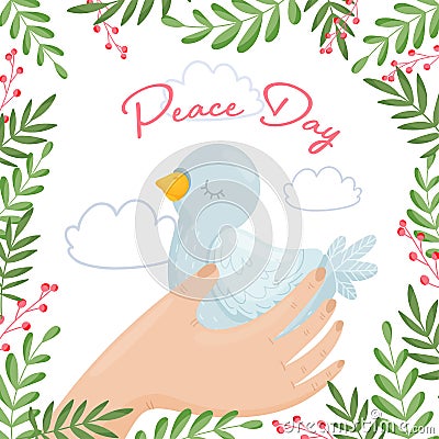 Hand Carrying Tenderly Pigeon And Olive Branches Framed The Card Boundries Vector Illustration