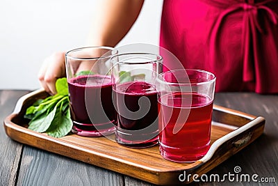 hand carrying a tray with a pitcher and glasses of beet kvass Stock Photo