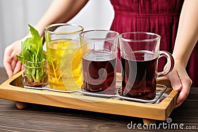 hand carrying a tray with a pitcher and glasses of beet kvass Stock Photo