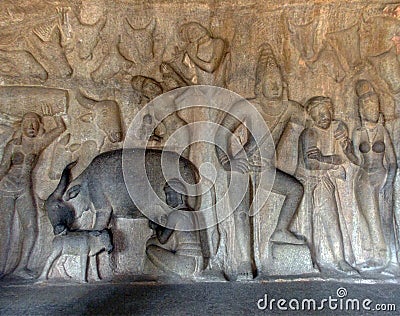 Hand carved painting found on wall in South India Stock Photo