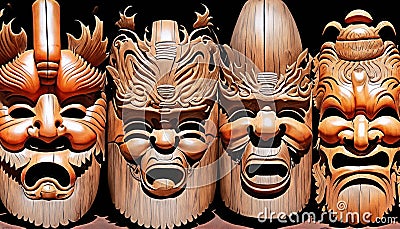 hand carved wooden ritual masks Stock Photo