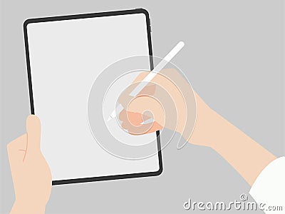 Hand catch and write pencil into new powerful tablet new design advance technology Vector Illustration