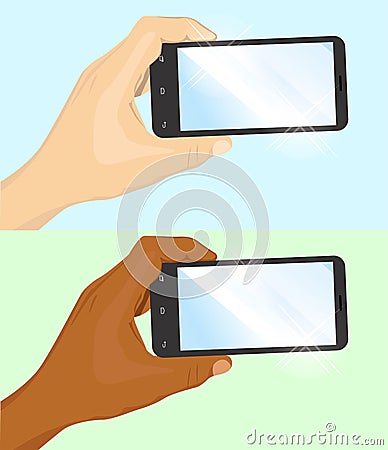 Hand of caucasian and african american man holding black horizontal smartphone Vector Illustration