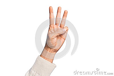 Hand of caucasian young man showing fingers over isolated white background counting number 3 showing three fingers Stock Photo