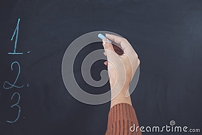 Woman hand chalk with plan text on board Stock Photo