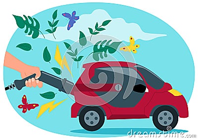 Hand charging an electric car, leaves and butterflies emerge from the cars exhaust Vector Illustration