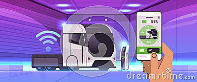 hand charging electric semi truck in mobile app battery vehicle at recharging power station charger EV management Vector Illustration