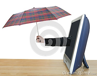 Hand with checkered umbrella leans out TV screen Stock Photo