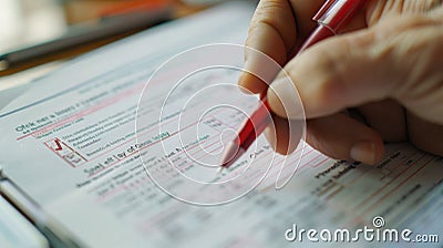 Hand checking off items on a printed questionnaire quality check document using a red pen, close-up. Questionnaire Stock Photo
