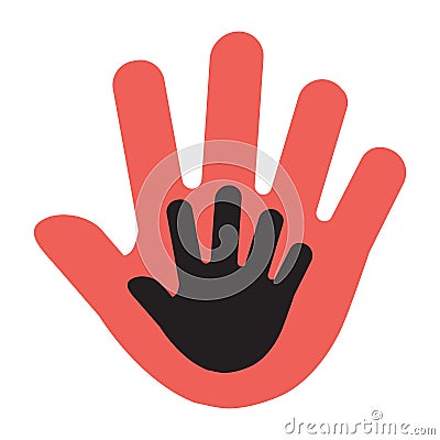 Hand of a child in an adult hand, red and black illustration. Vector Cartoon Illustration